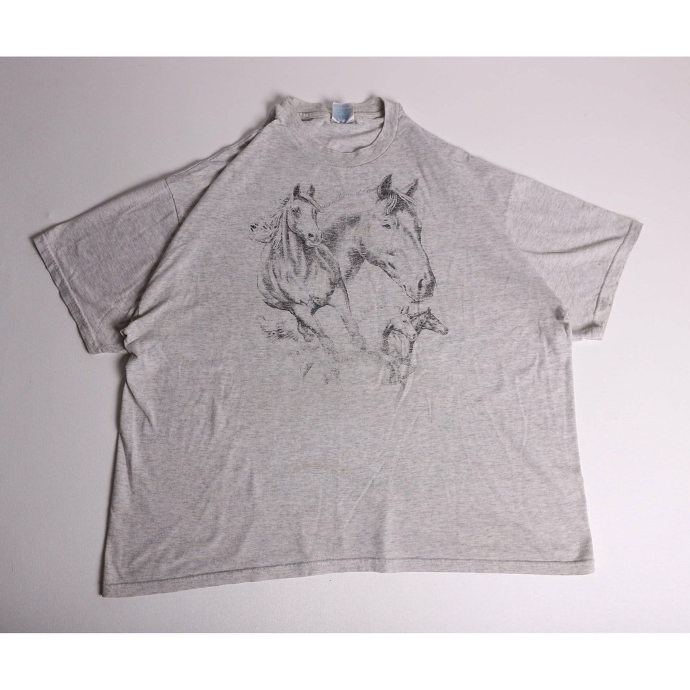 Vintage Hanes Heavyweight Horse Graphic T-Shirt Gray XL 90s Equestrian tee